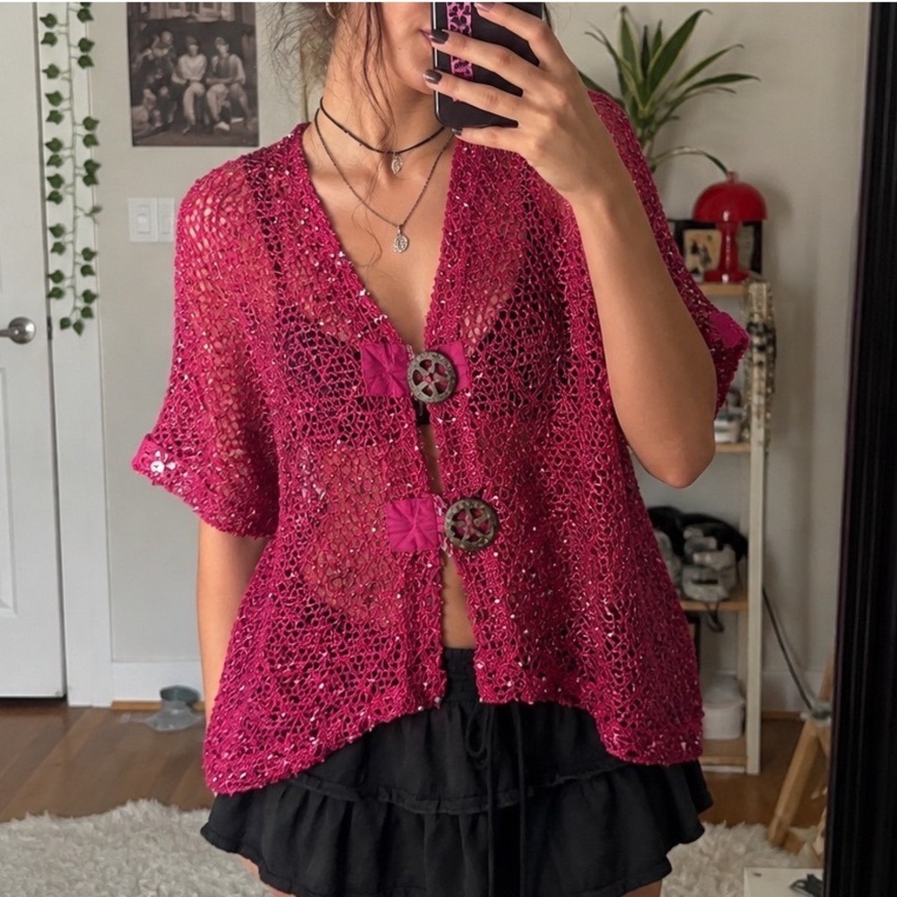 Y2k Kaktus Pink Open Knit Crochet Cardigan Top Short Sleeve Boho Indie Grunge M